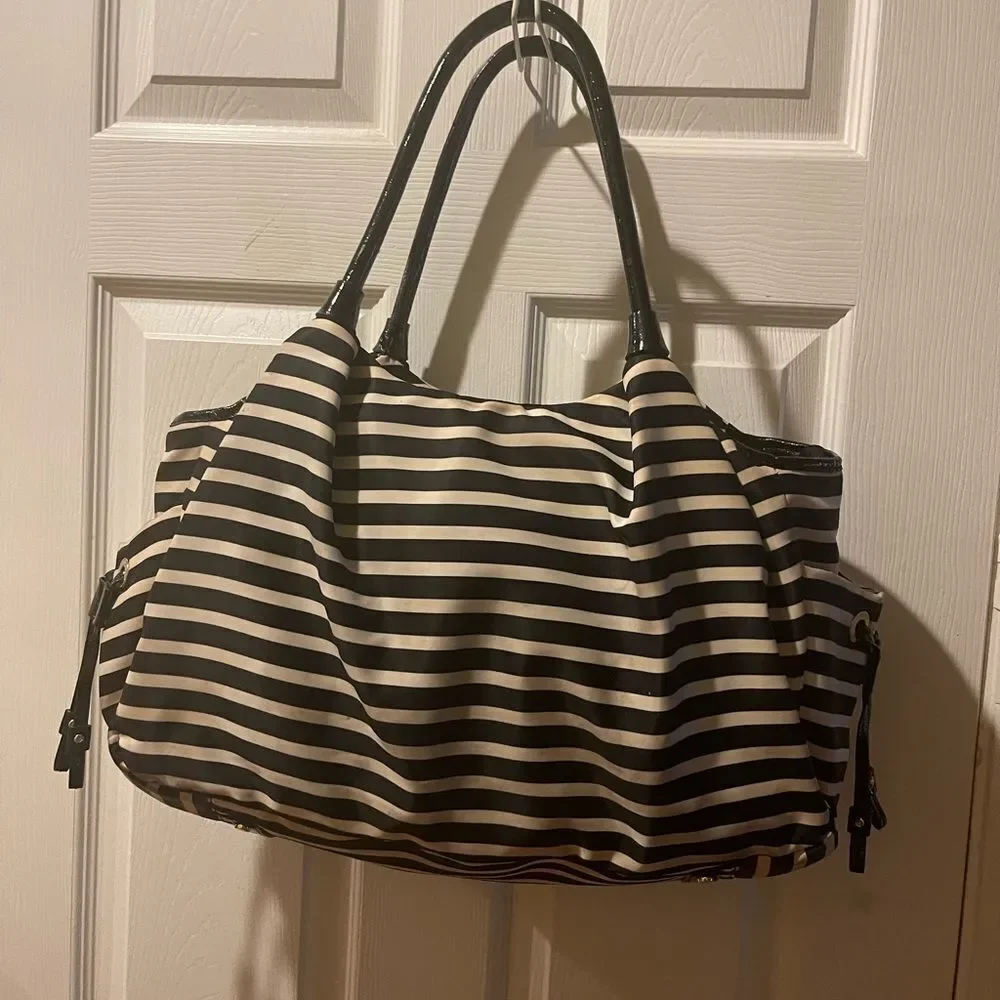 Kate Spafe large black & white striped Nylon diaper bag/travel bag